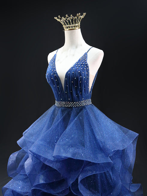 Gothic Navy Blue Layered Tulle Ruffle Dress - Sequin Ball Gown - Spaghetti Strap Wedding Dress Plus Size